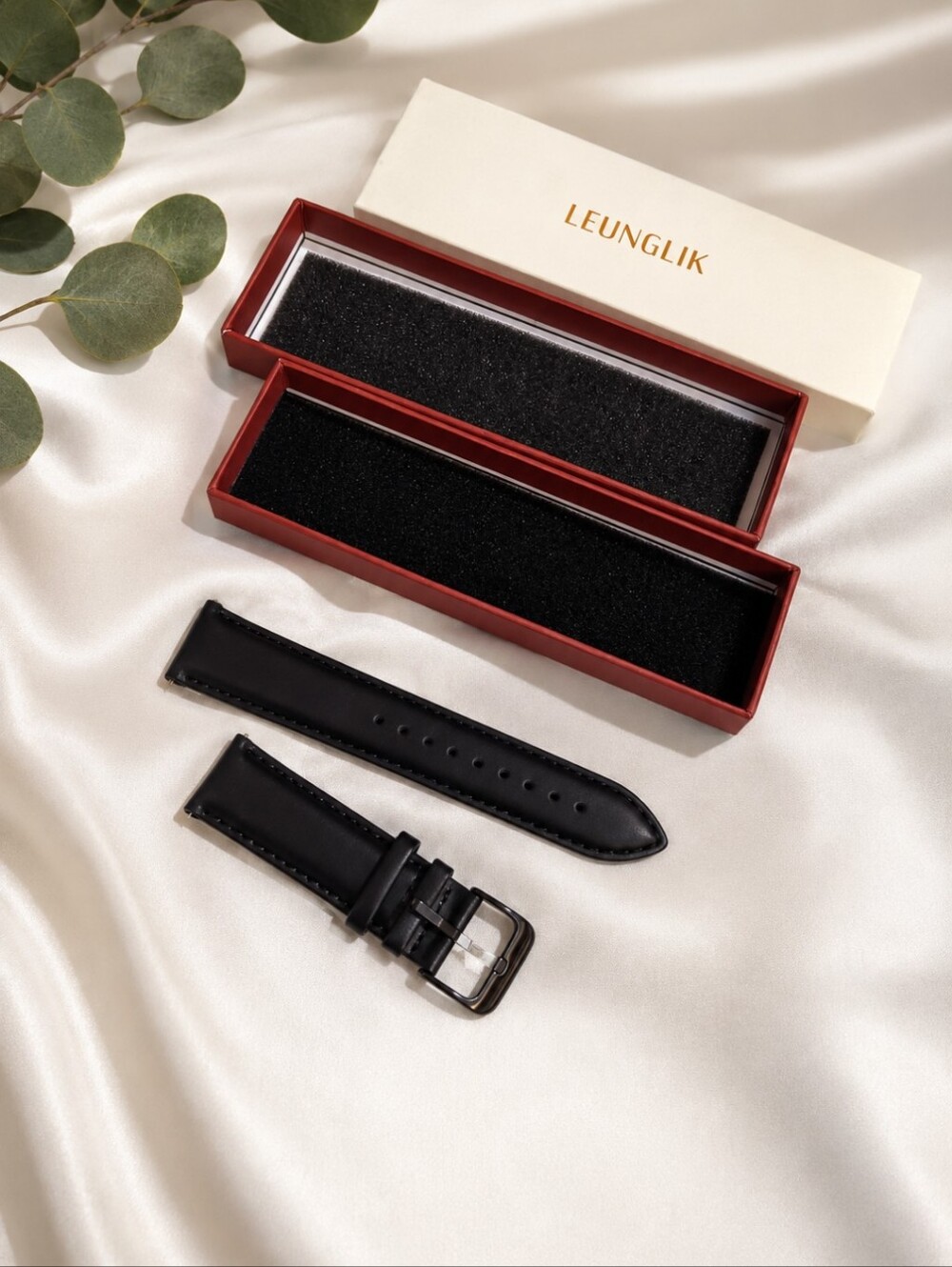 LEUNGLIK 20mm Genuine Leather Black Watch Strap Band NIB